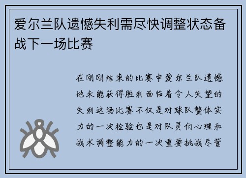 爱尔兰队遗憾失利需尽快调整状态备战下一场比赛