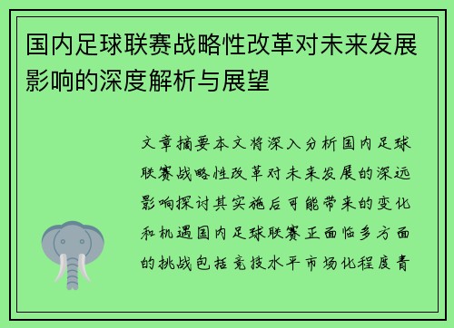 国内足球联赛战略性改革对未来发展影响的深度解析与展望