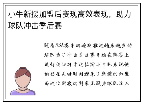 小牛新援加盟后赛现高效表现，助力球队冲击季后赛